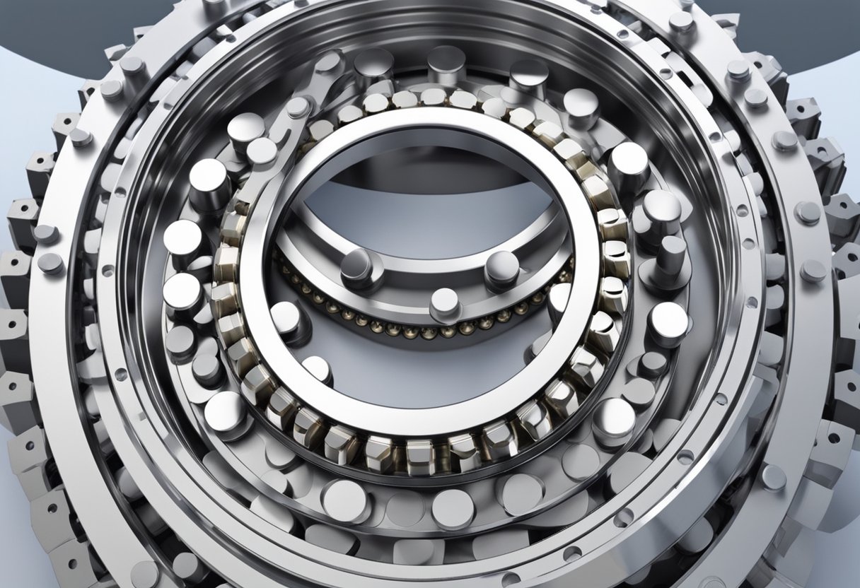 A three-row roller slewing bearing in a circular motion, with evenly spaced rollers and a central raceway