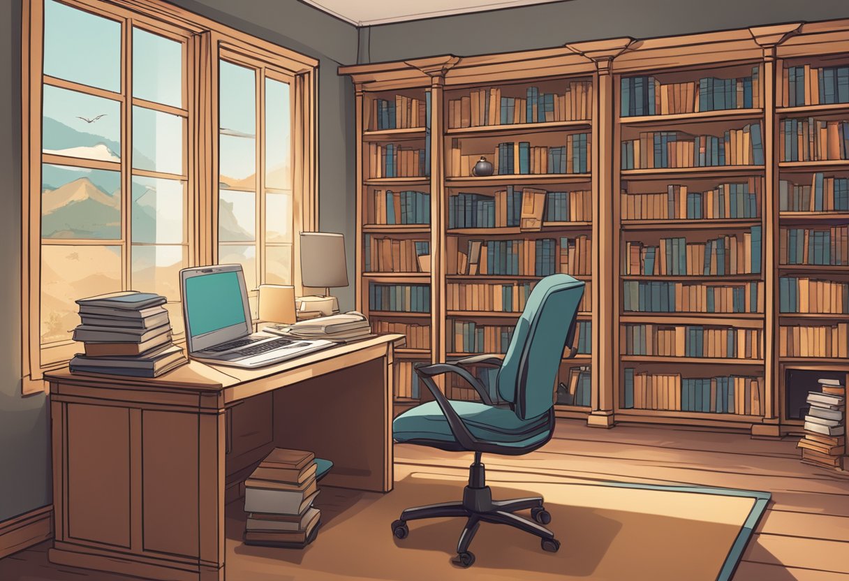 A cozy library with open books, a computer screen displaying AI technology, and a comfortable writing nook with a desk and chair