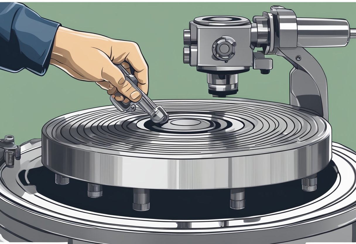 A hand holding a grease gun applies turntable bearing grease to a rotating turntable mechanism