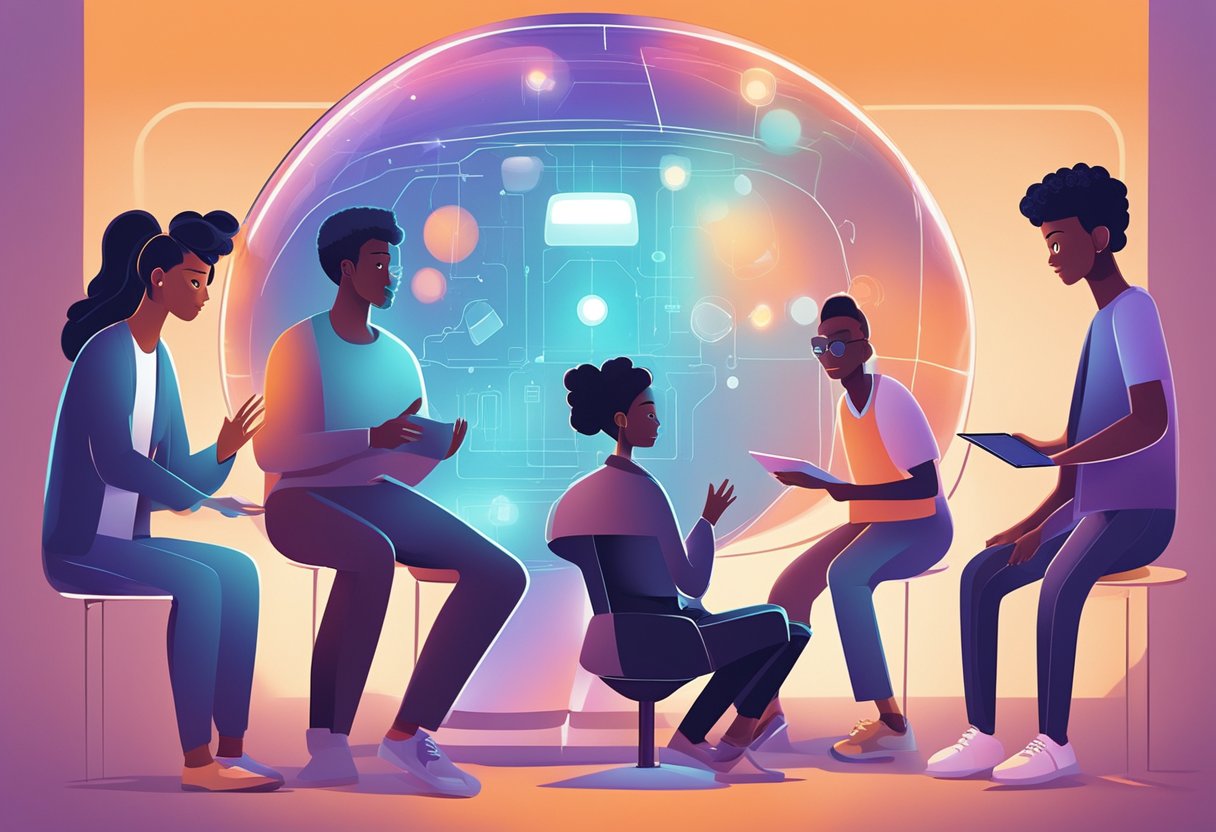 A diverse group of people gather around a futuristic AI device, engaging in lively discussion and offering support. The device is the focal point, emitting a warm, inviting glow