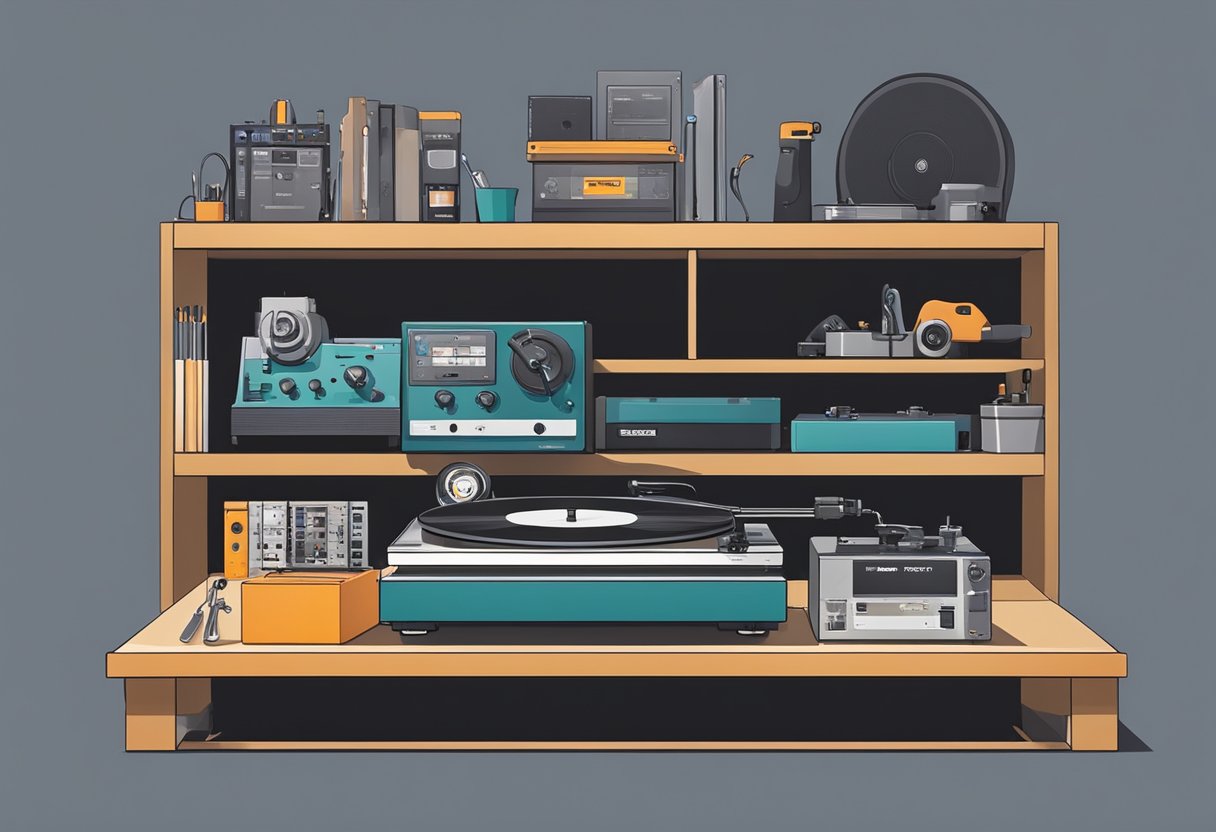 A turntable sits on a shelf at Home Depot, surrounded by tools and hardware