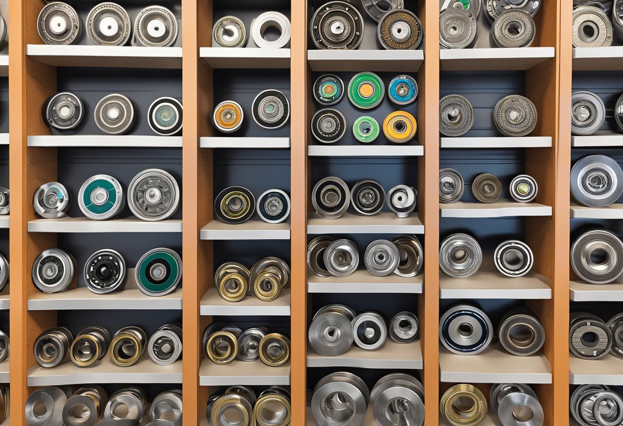 A variety of turntable bearings displayed on shelves at a Home Depot store