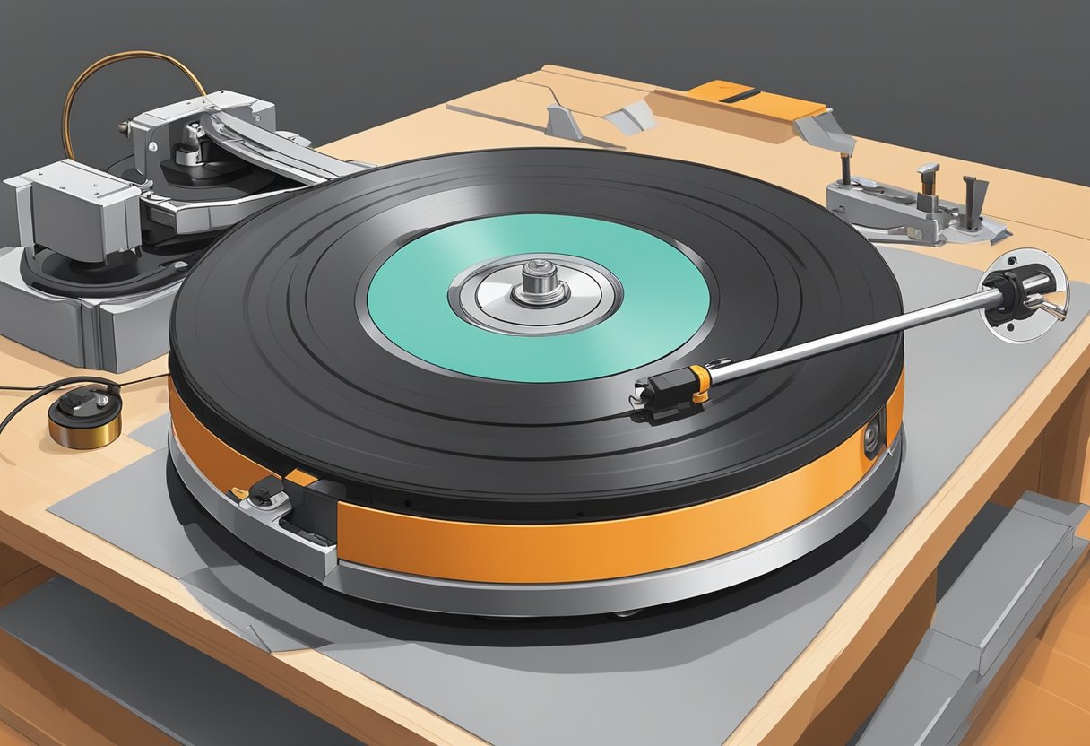 A turntable bearing is being installed on a surface using tools and hardware from Home Depot