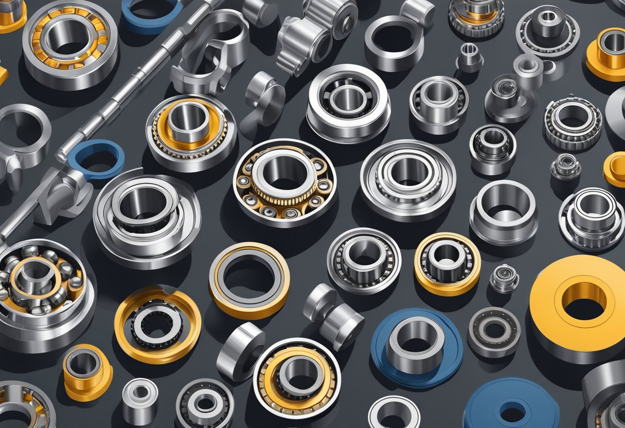 A variety of turntable bearings are displayed on a shelf in a workshop, including ball bearings, roller bearings, and slewing bearings