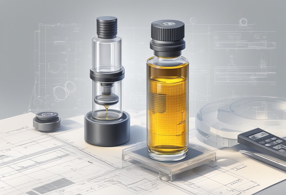 A clear bottle of turntable bearing oil, with a droplet suspended from the tip of the bottle, against a background of technical schematics and measurement scales