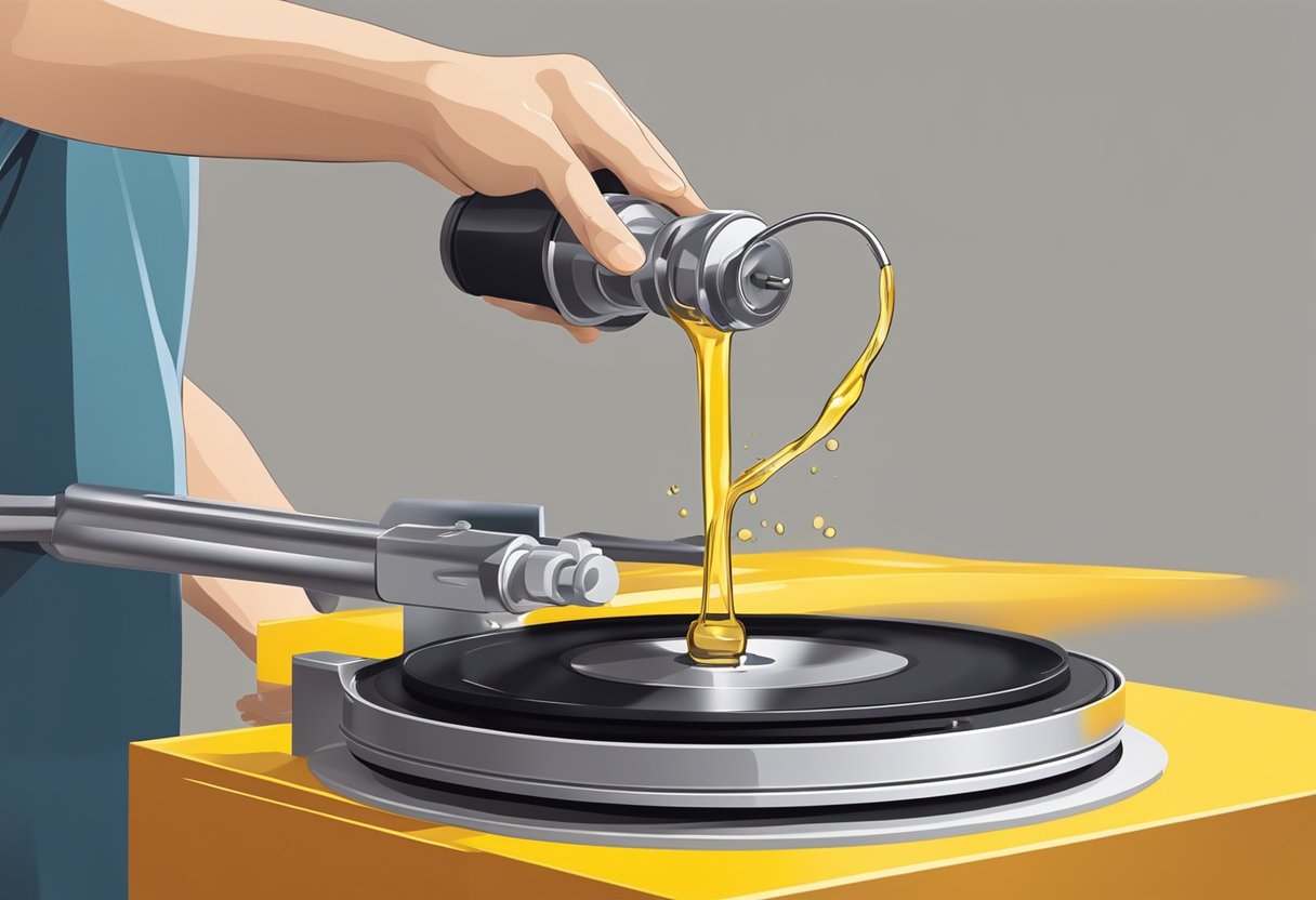 A hand pours oil onto a turntable bearing, adjusting viscosity