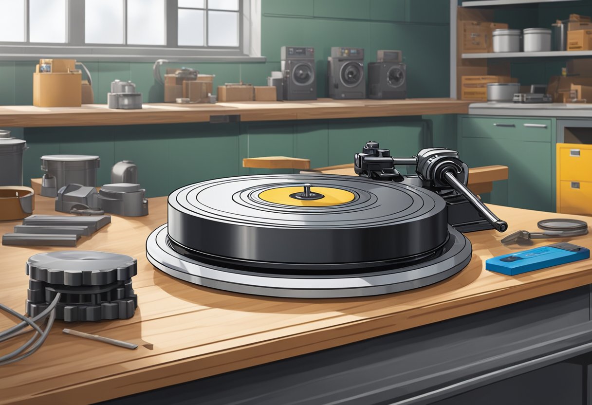 A sturdy metal turntable bearing sits on a clean workbench in a well-lit industrial setting in Australia