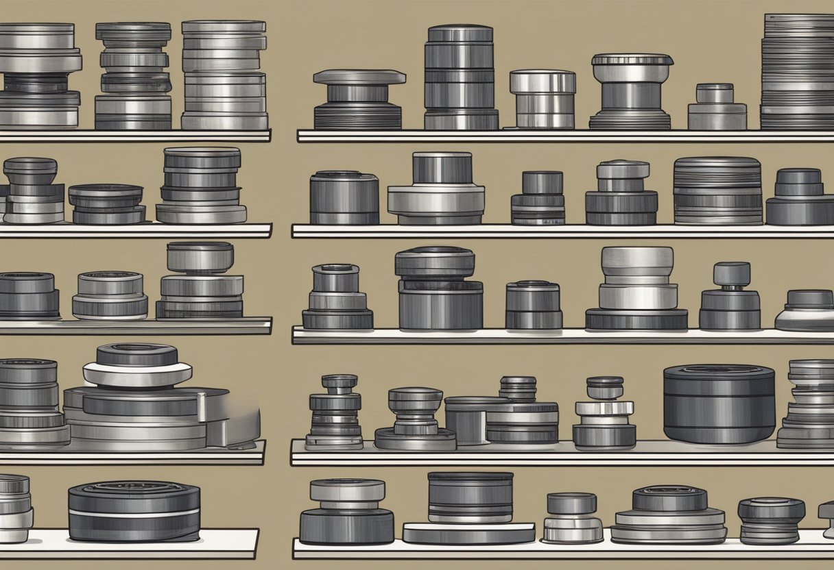 A variety of turntable bearings displayed on a shelf, with labels indicating different types and sizes