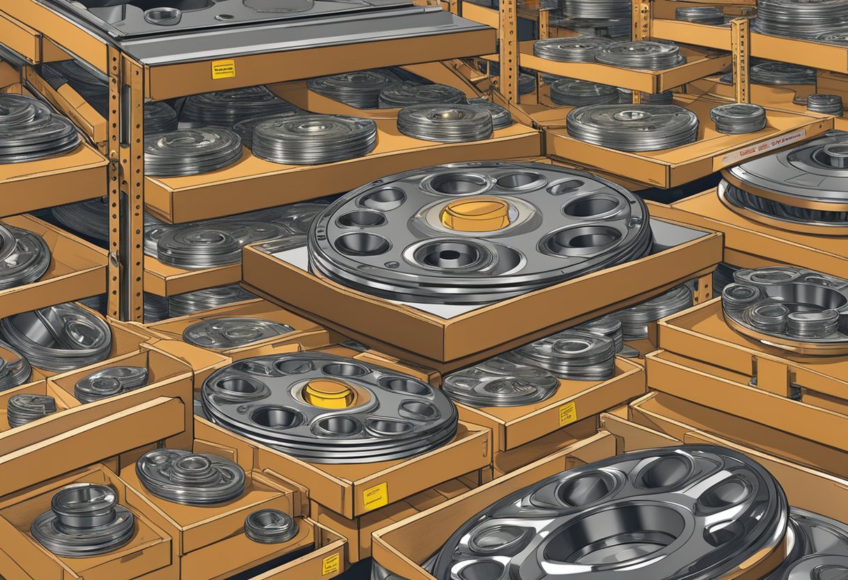 A warehouse shelves stacked with various sizes of turntable bearings, labeled and organized for distribution