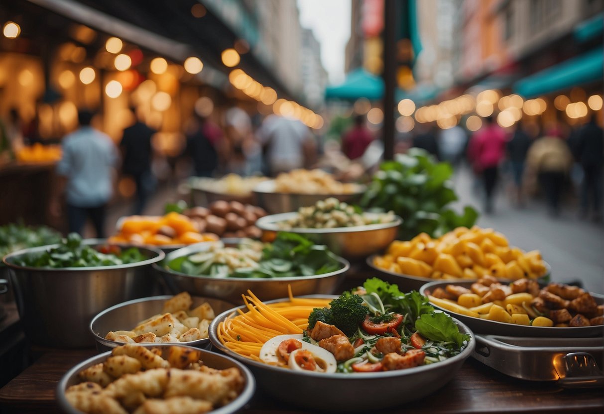 A vibrant cityscape with diverse food stalls and restaurants, showcasing a variety of vegetarian dishes from around the world. A smartphone with multiple food and travel apps is prominently featured