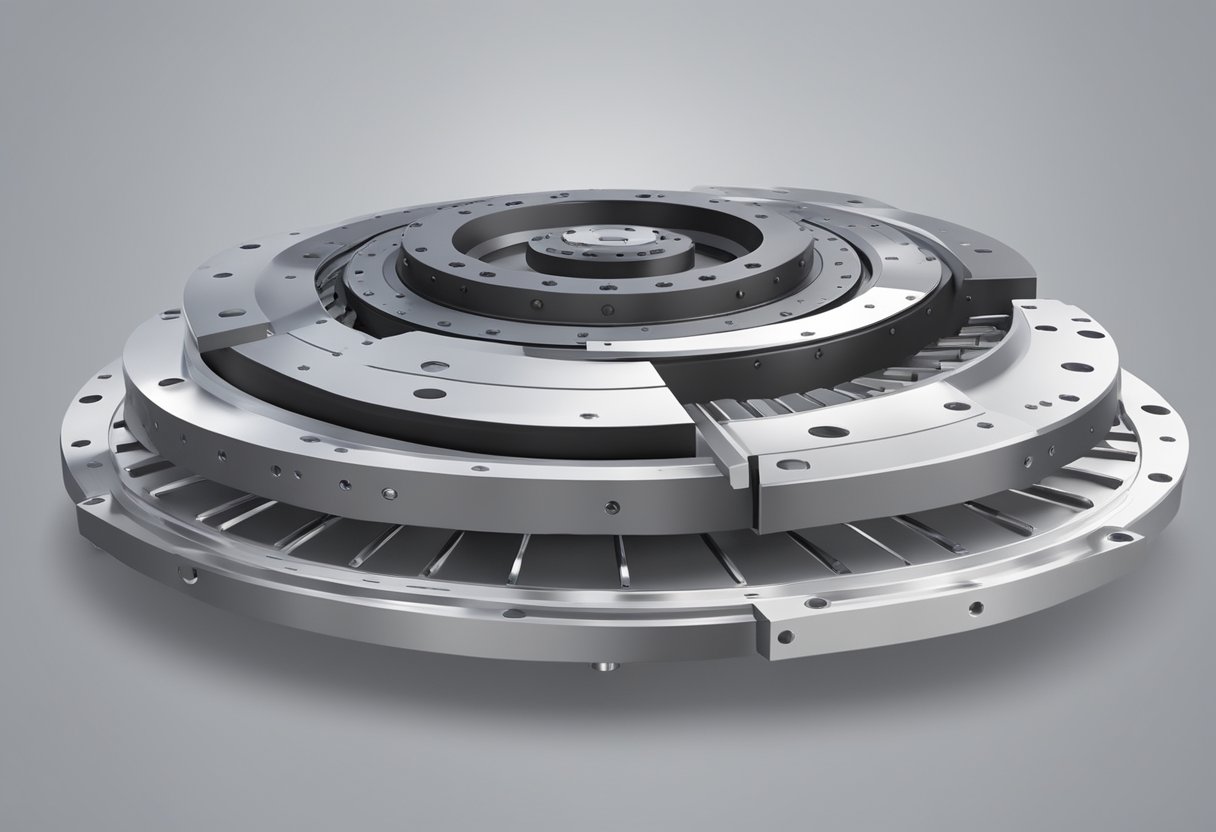 A turntable slewing bearing rotates smoothly on its axis, with multiple rolling elements evenly distributed around the circumference, providing stability and support for heavy loads