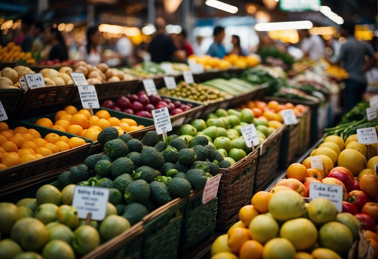 A bustling market with colorful stalls selling fresh fruits, vegetables, and plant-based products from around the world. Signs in multiple languages advertise vegan-friendly options