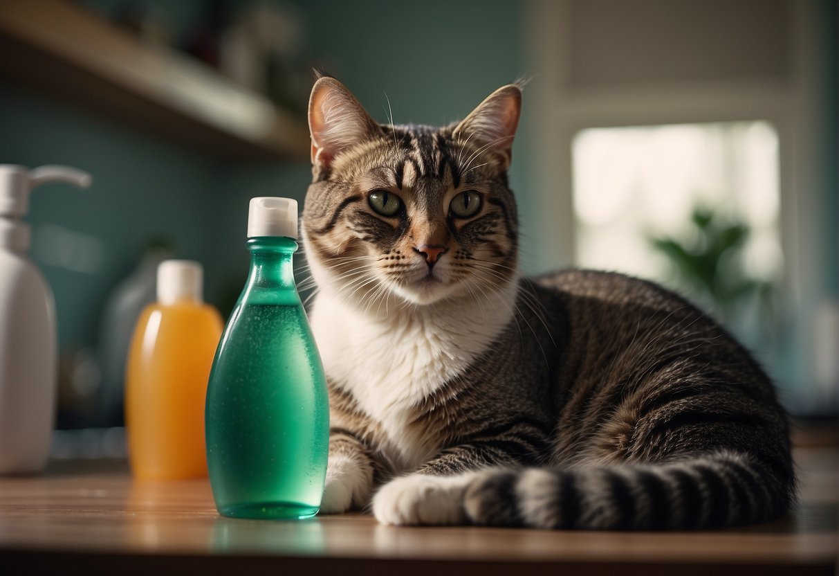 A bottle of Dawn dish soap sits on a counter next to a curious cat, with a worried expression