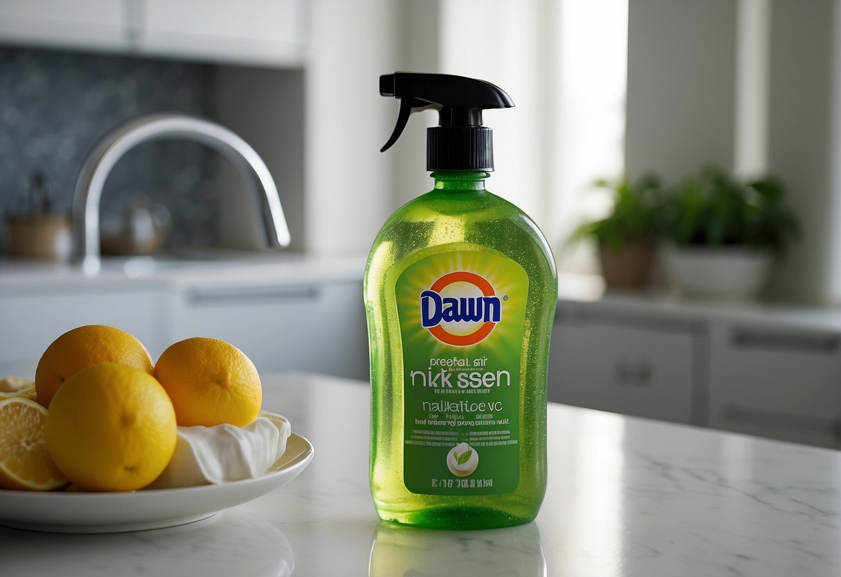 A bottle of Dawn dish soap sits on a clean kitchen counter, surrounded by sparkling dishes