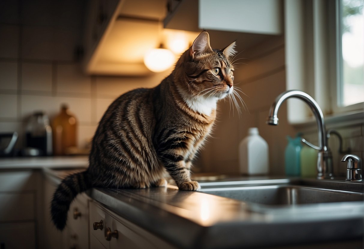 A cat sitting next to a kitchen sink with a bottle of Dawn dish soap in the background