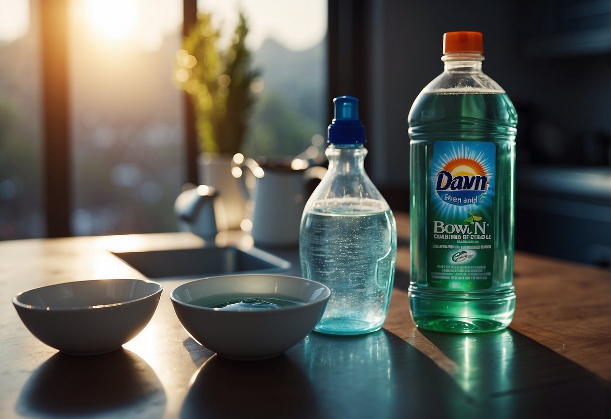 A bottle of Dawn dish soap next to a bowl of water, with a few fleas floating on the surface