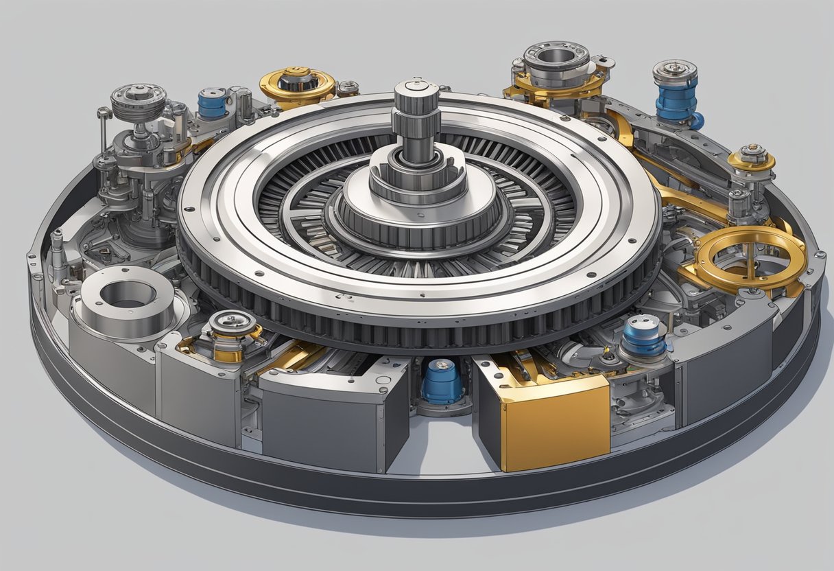 A turntable and slewing ring are shown in close-up, highlighting their mechanical components and connections. The intricate details of the gears, bearings, and housing are clearly depicted