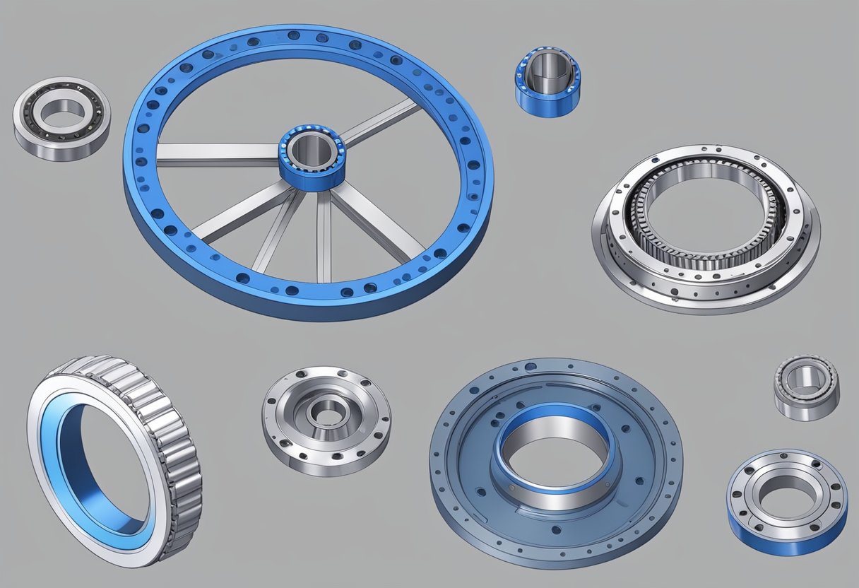 A high precision slewing bearing rotates smoothly on a machinery shaft, showing its intricate internal structure and precise engineering