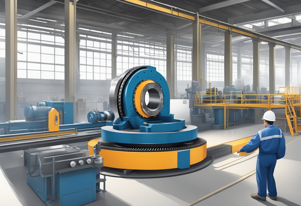 High precision slewing bearing in industrial setting, with machinery and equipment in background, demonstrating its applications and industry usage