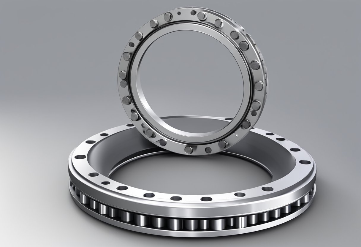 A lightweight slewing ring rotates smoothly on a sturdy base, with ball bearings evenly spaced around the circumference