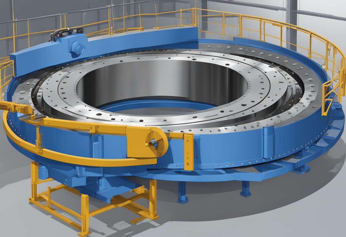 A large ladle turret slewing bearing rotates smoothly on its axis, supporting the weight of the ladle as it moves across the steel mill floor