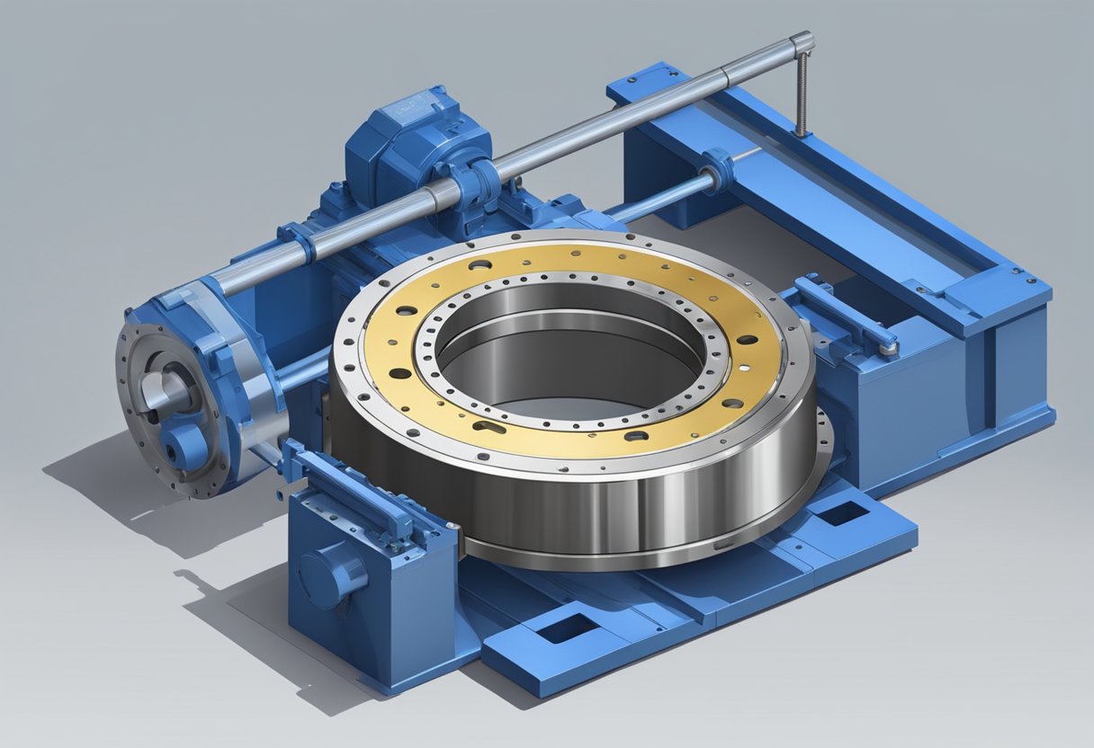 A nongeared slewing bearing rotates smoothly on a horizontal axis, supported by a sturdy base and surrounded by industrial machinery