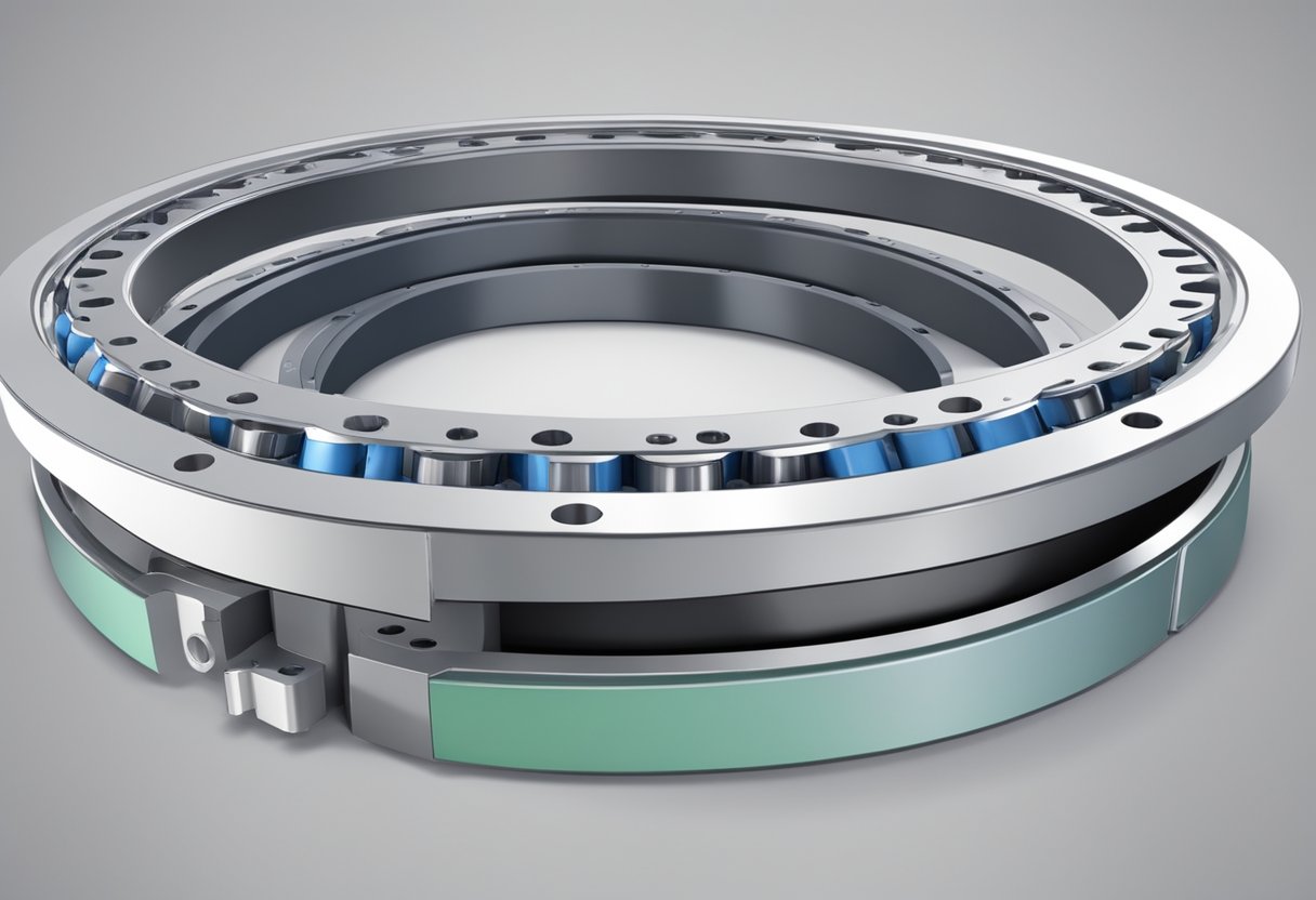 A nongeared slewing bearing rotates smoothly on its axis, with ball or roller elements evenly spaced around the inner and outer rings