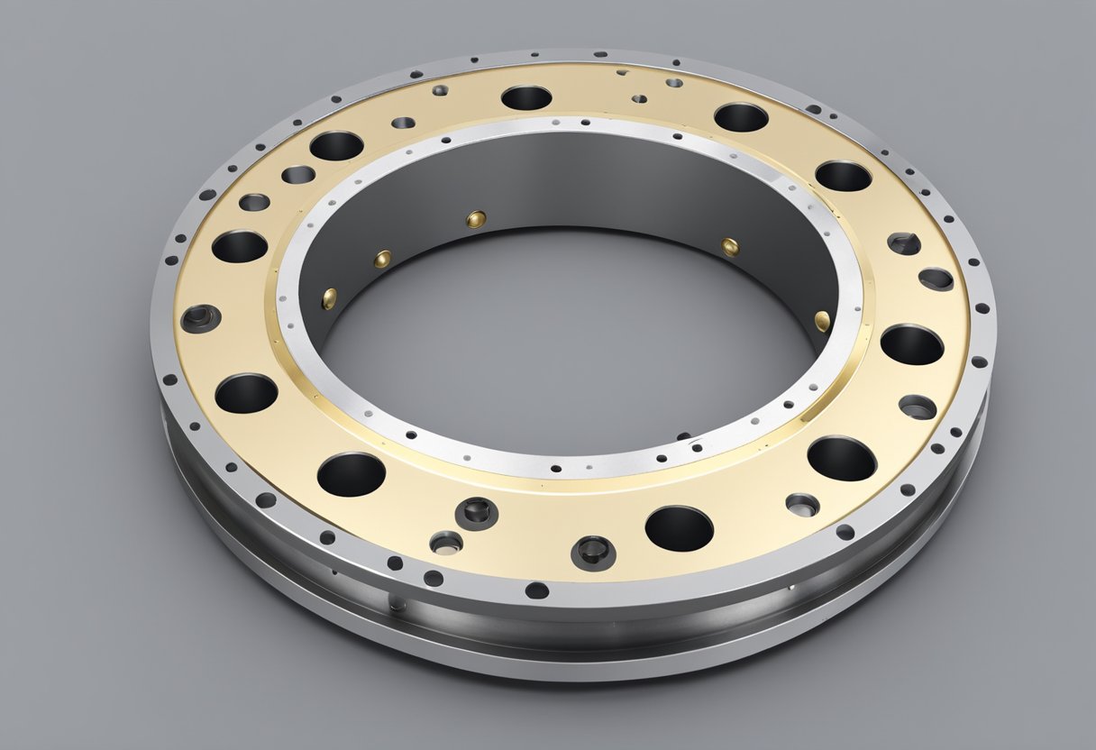 A nongeared slewing bearing sits on a flat surface, with its circular outer ring and inner ring clearly visible. The bearing is surrounded by bolts and mounting holes, and its smooth surface reflects light