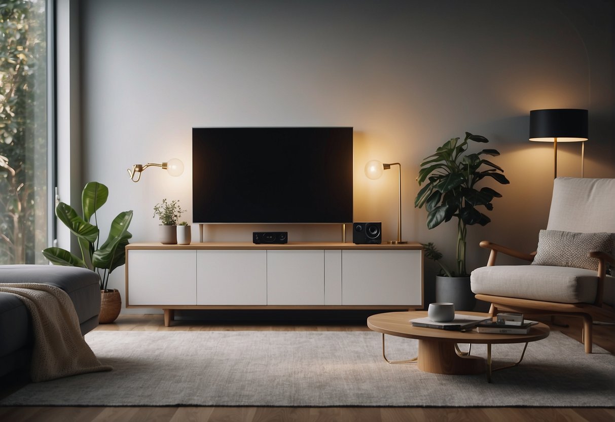 Smart home devices malfunctioning, lights flickering, thermostat fluctuating, security camera glitching, and virtual assistant not responding