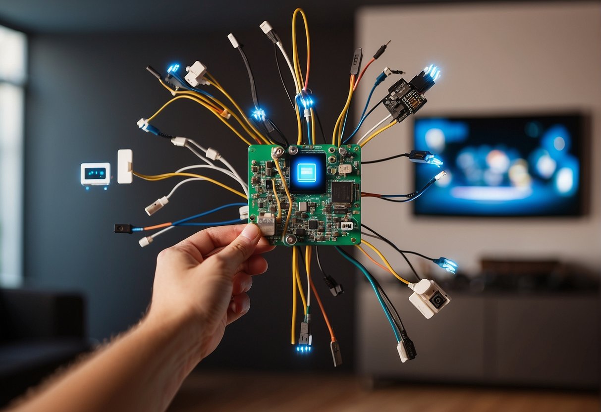 A hand reaches out to connect smart home devices. A frustrated face looks at a tangled mess of wires and gadgets