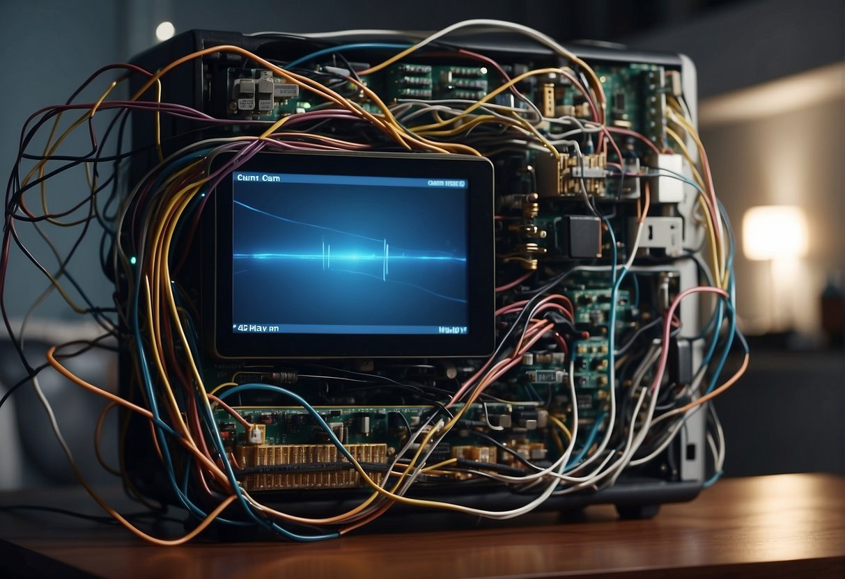 A tangled web of wires and cables, with electronic devices flashing error messages. A smart home hub sits in the center, surrounded by disconnected gadgets