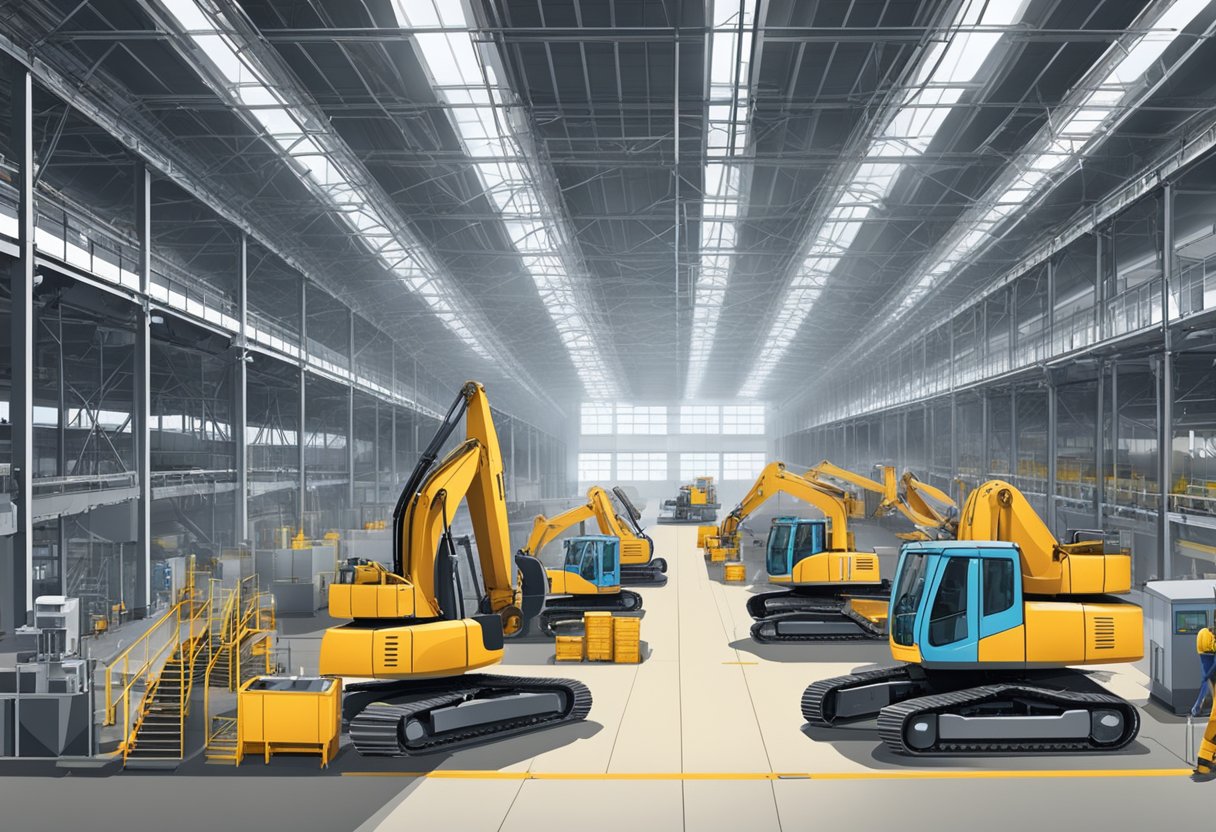 A large industrial facility with heavy machinery and workers assembling and testing slewing equipment