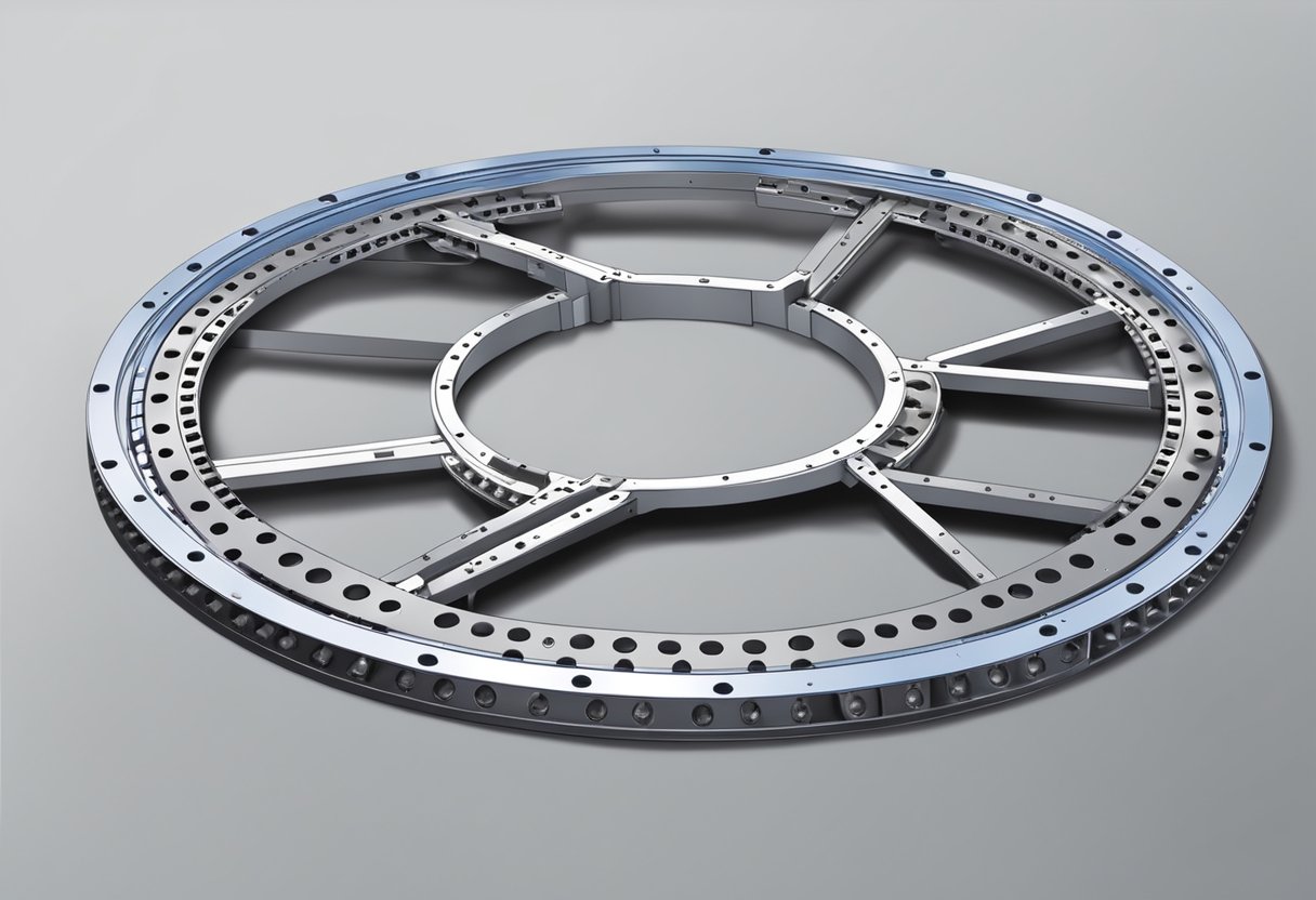 A thin section cross roller slewing bearing, with multiple rollers and a circular raceway, sits on a flat surface, ready for installation