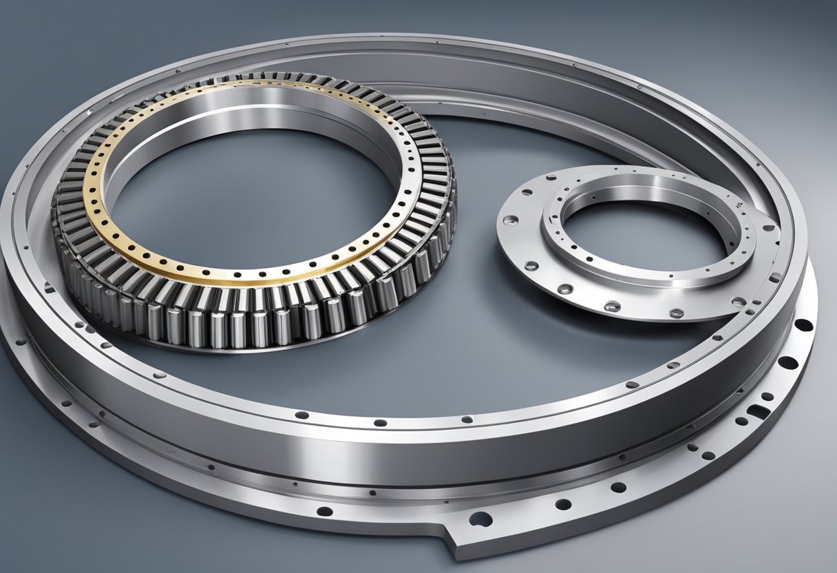 A thin section cross roller slewing bearing rotating smoothly on its axis with precision-engineered components visible