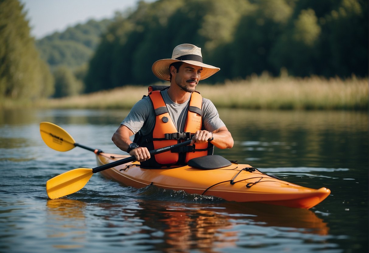 A person wearing a life jacket, quick-drying shorts, and a moisture-wicking shirt, with a wide-brimmed hat and water shoes, paddling a kayak on a calm river