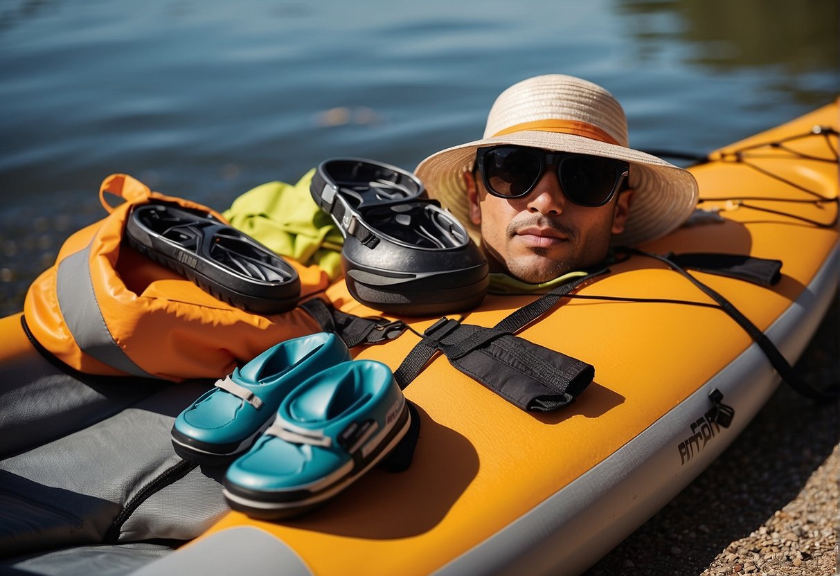 A kayaker's summer attire: a life jacket, quick-drying shorts, water shoes, a sun hat, and sunglasses