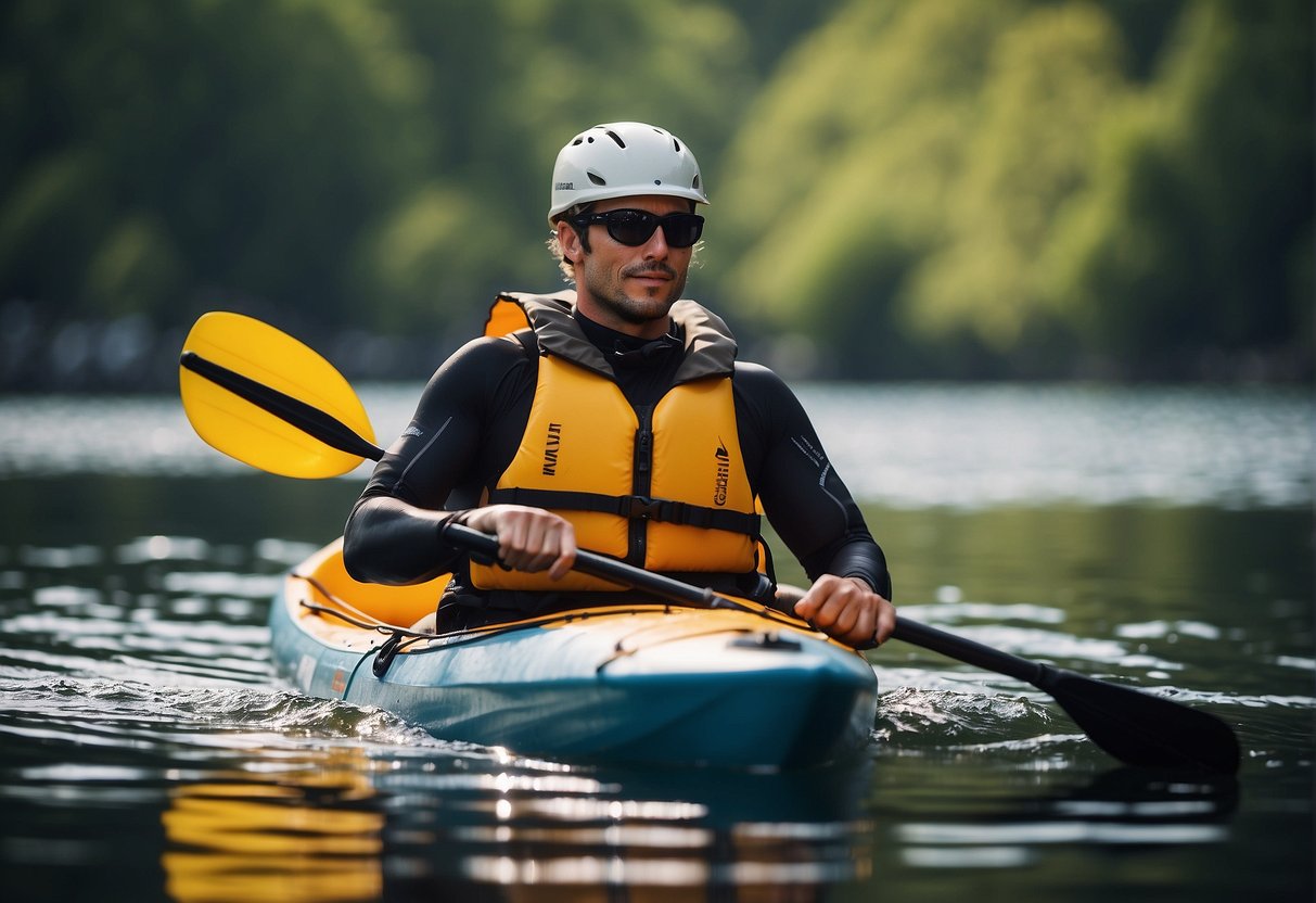 A kayaker wearing a life jacket, helmet, and sunglasses, with a waterproof bag and paddle leash attached to the kayak