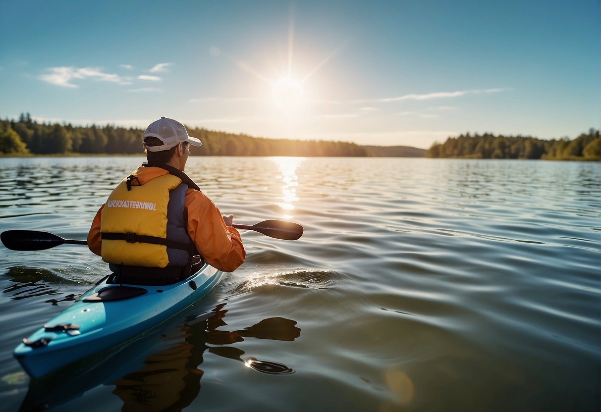 A person wearing a life jacket, hat, sunglasses, and quick-dry clothing paddling a kayak on calm water with a sunny sky overhead