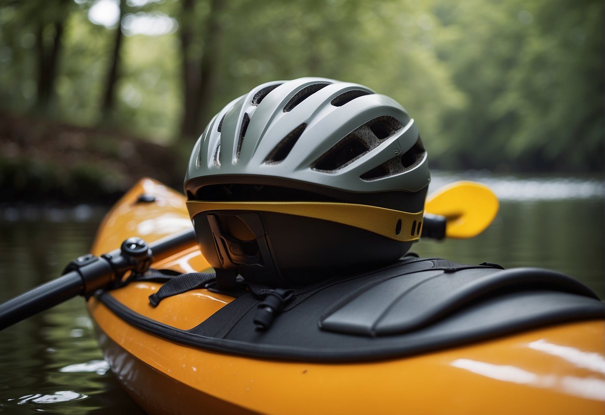 A bike helmet sits on a kayak seat, unused