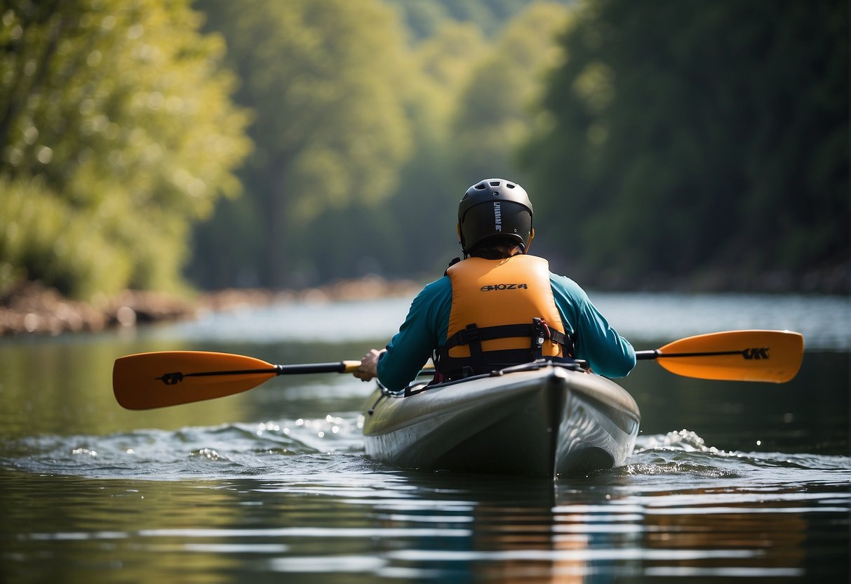 A person paddling a kayak on a calm river, wearing a bike helmet to illustrate the question of using it for protection in water sports