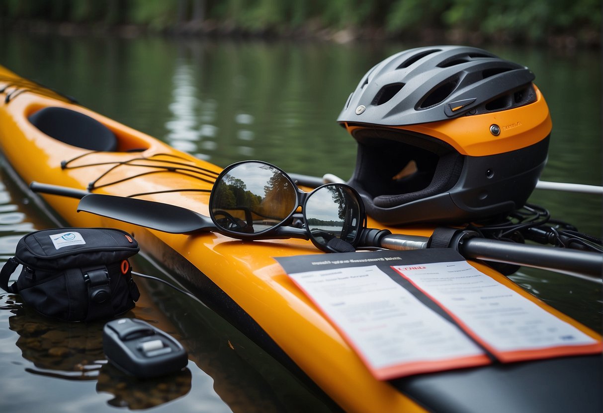 A kayak and a bike helmet sit side by side, with a checklist of safety standards and gear maintenance guidelines in the background
