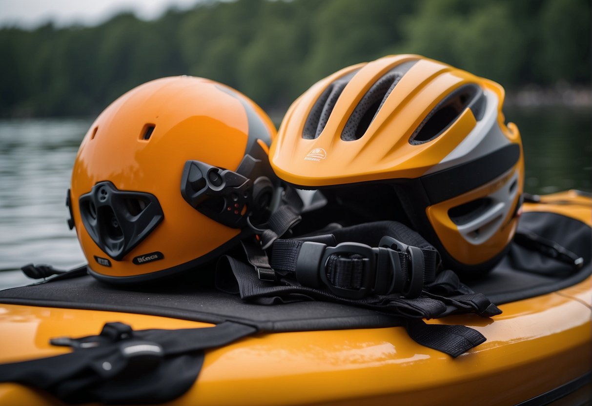 A person placing a bike helmet on a kayak seat, with a life jacket nearby