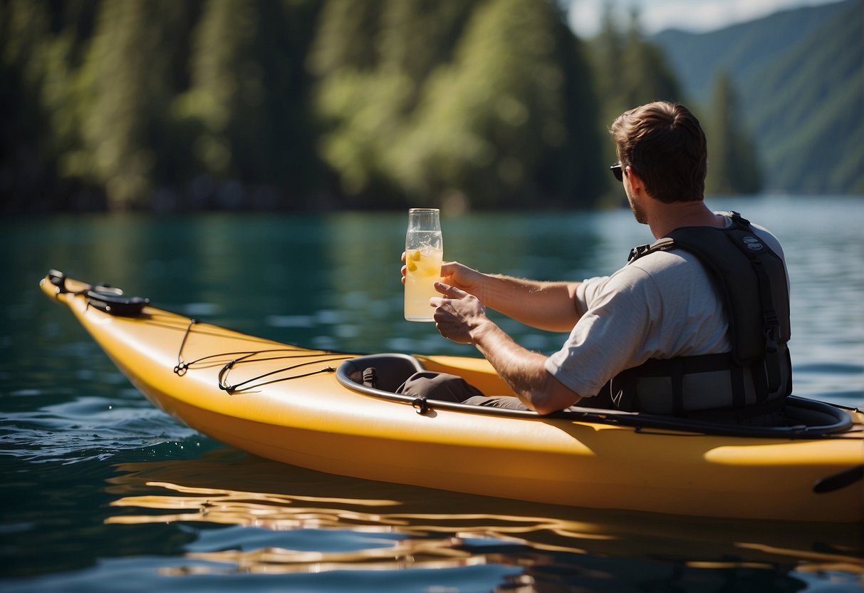 A kayak floating on calm water, with a drink holder attached to the side, and a person's hand reaching for a drink