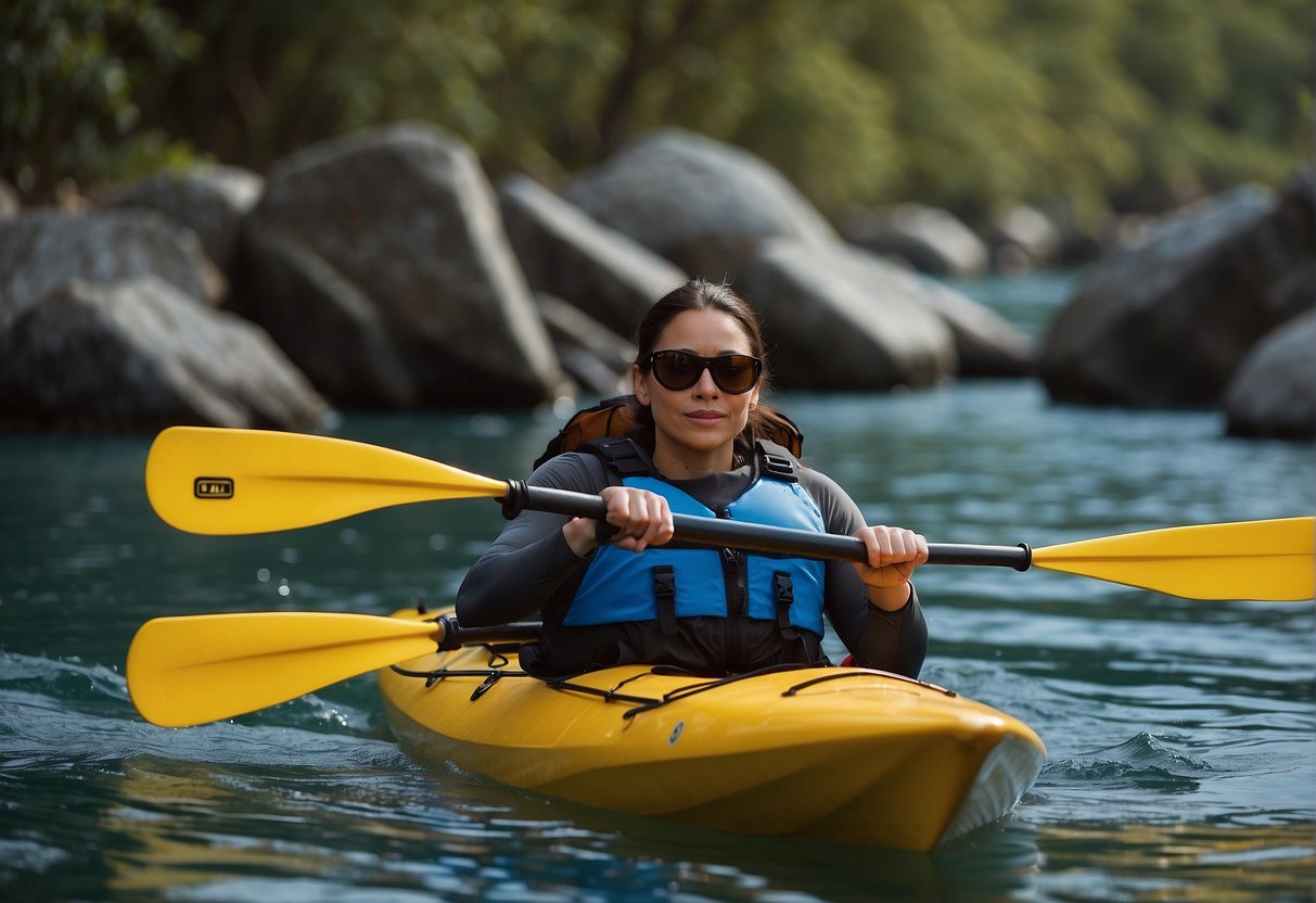 A person kayaking with a drink in hand, surrounded by BUI and kayaking law signs