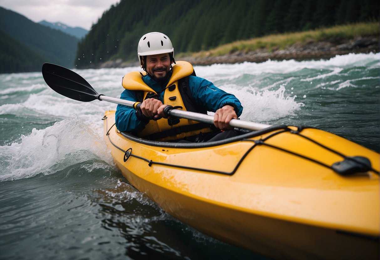 A person in a kayak holds a drink while navigating rough waters, risking capsizing