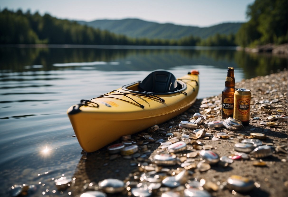 A kayak sits on the shore with empty beer cans scattered around. A police car approaches, flashing lights reflecting off the water