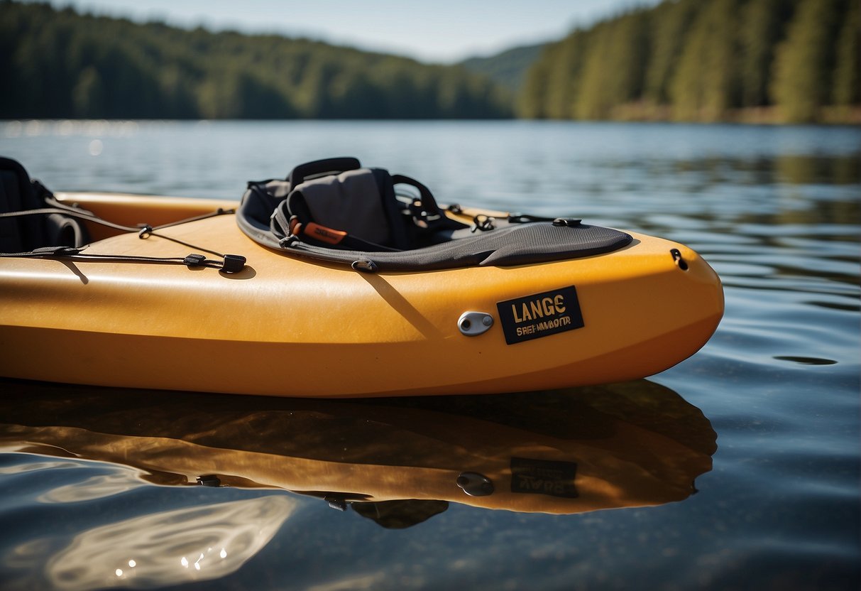A kayak with life jacket, paddle, and registration sticker on a calm lake. No alcohol visible