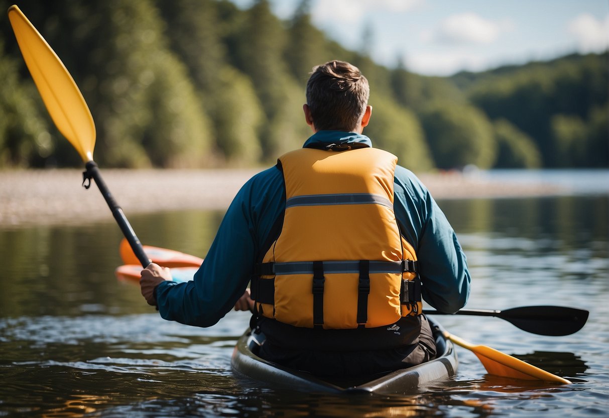 A person is wearing a life jacket, waterproof shorts, and a quick-dry top while holding a paddle next to a kayak on the shore