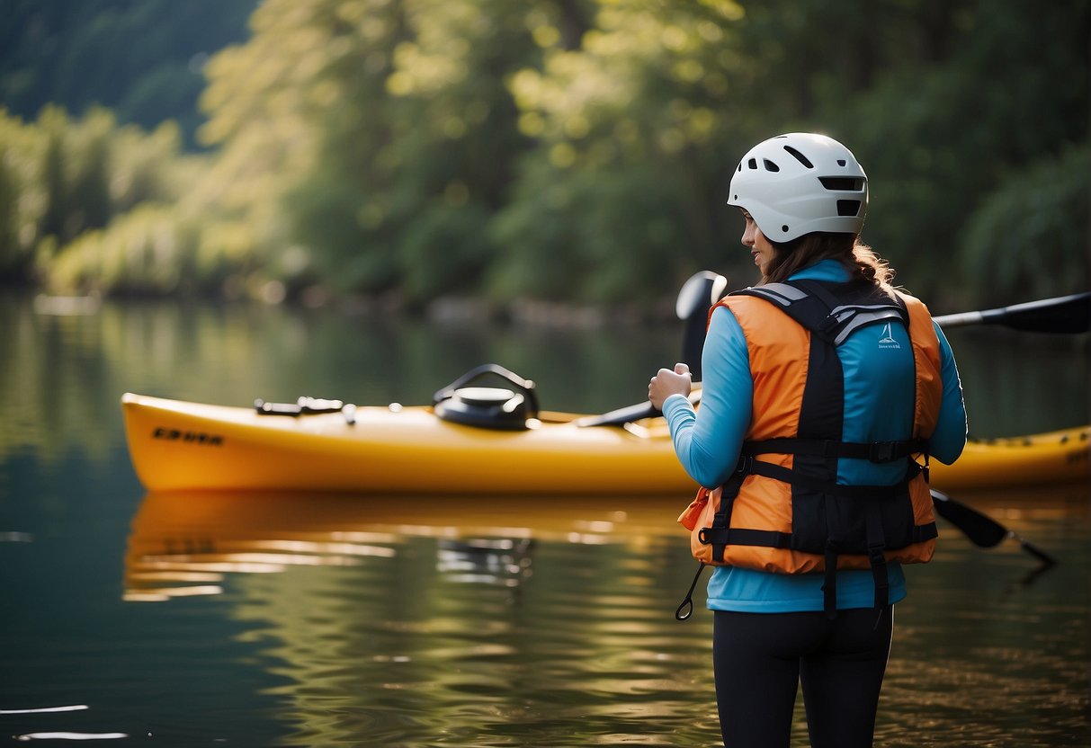A person wearing a life jacket, waterproof clothing, and a helmet, standing next to a kayak with a paddle in hand, ready to embark on a kayaking adventure