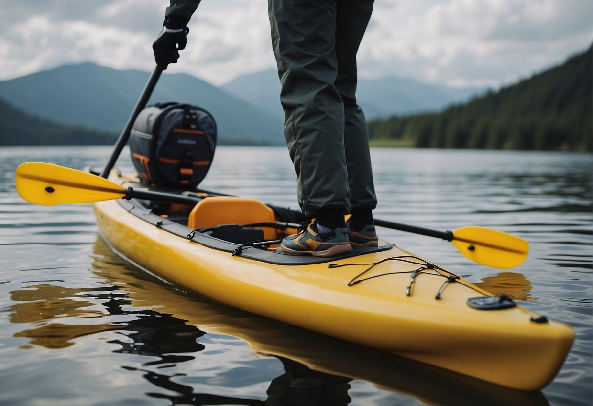 A person stands beside a kayak, choosing between water shoes or sandals. They also select gloves for hand protection